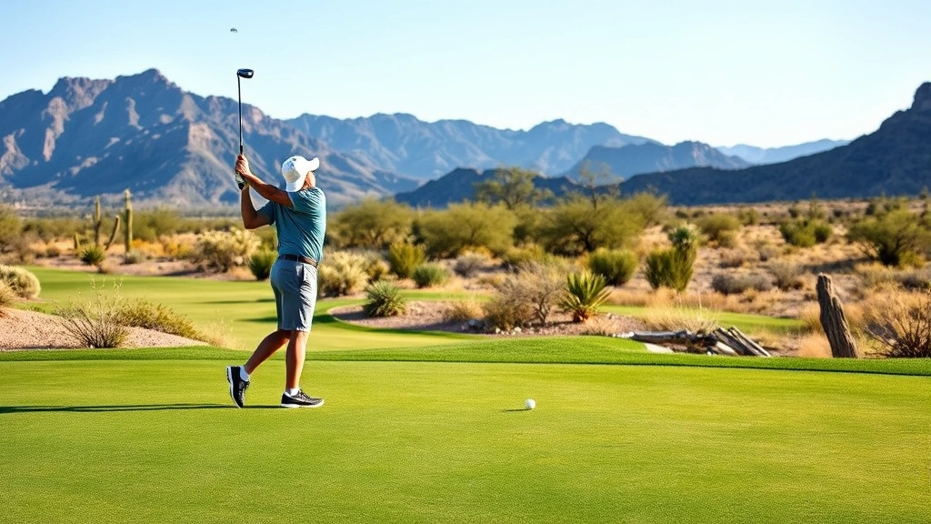 Professional golfer mid-swing on manicured fairway with desert landscape and mountains in background, natural Arizona terrain with native vegetation