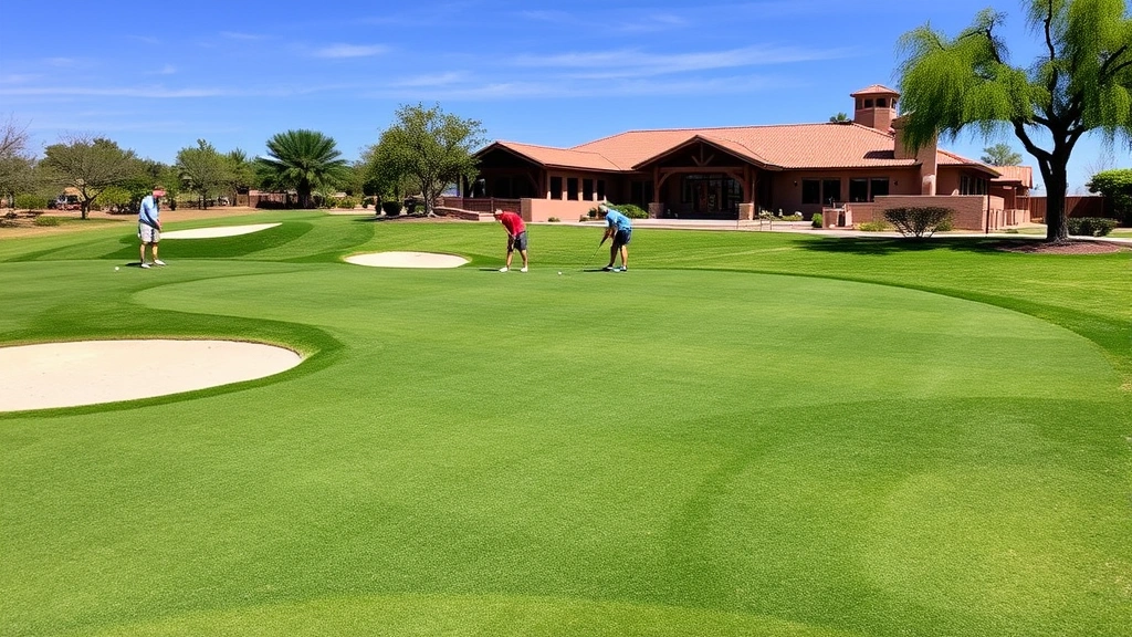 Well-maintained putting green with sand bunkers visible, golfers practicing short game near clubhouse, clear Arizona sky overhead