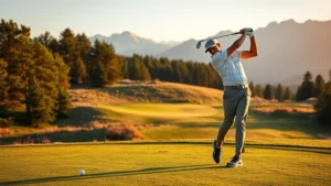 Golfer mid-swing on mountain foothills course with evergreen trees and distant peaks, golden hour lighting, professional golfer in athletic stance, pristine fairway and groomed greens visible in composition, natural landscape background