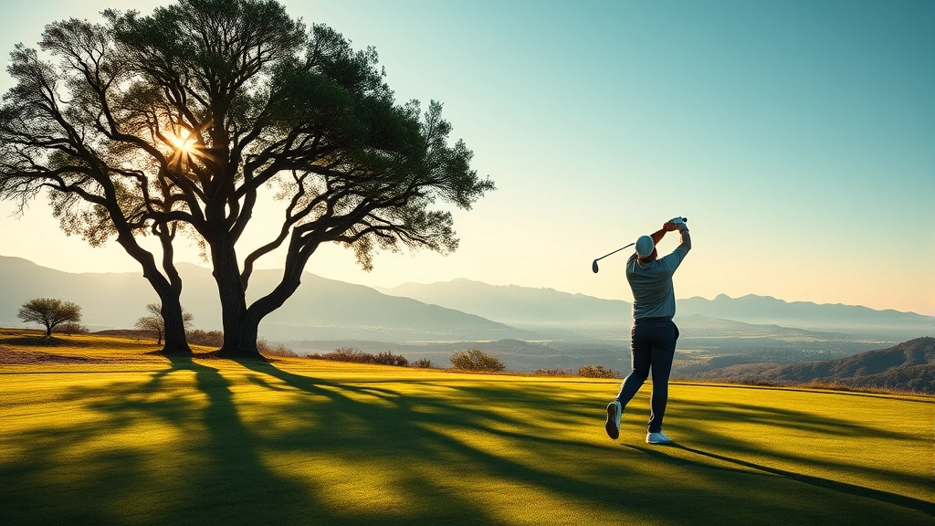 Golfer mid-swing on fairway with natural oak trees and mountain backdrop, early morning light creating shadows across manicured grass, scenic valley view in distance