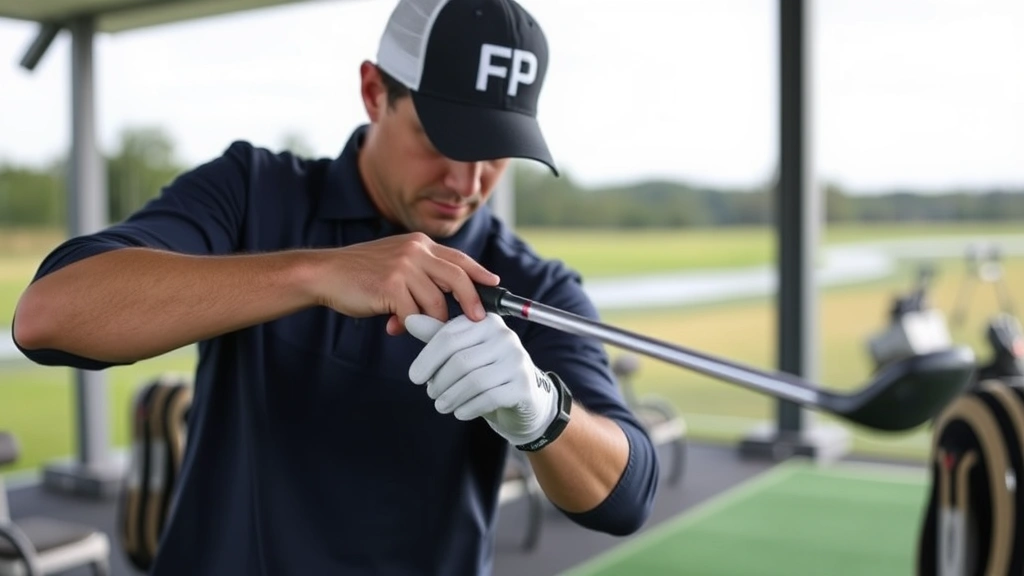 Professional golfer demonstrating proper grip and hand position on golf club during instruction at driving range facility