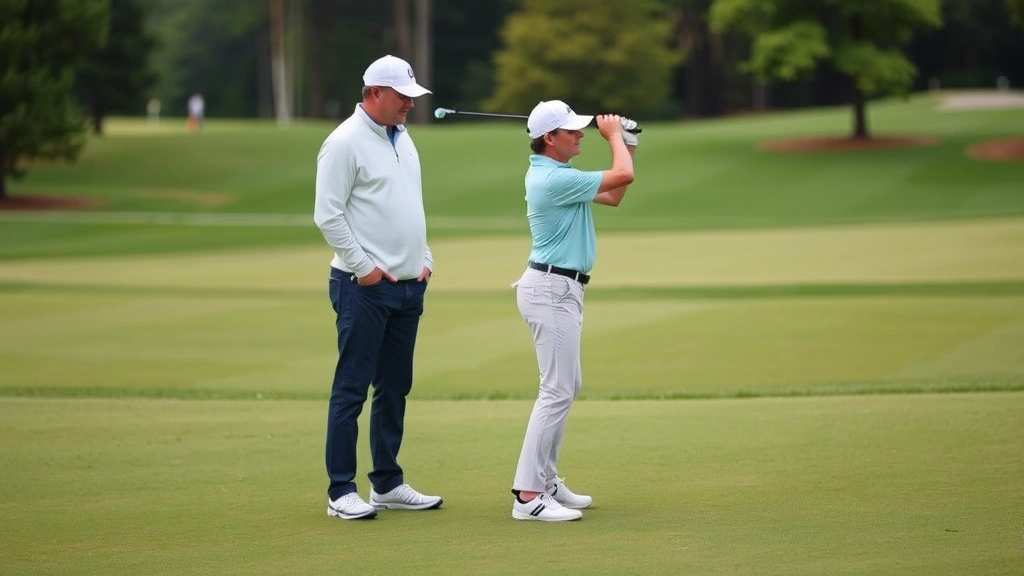 Golfer in athletic stance position on fairway during practice session with instructor observing proper body alignment
