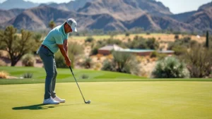 Professional golfer practicing precise chip shots on manicured practice green with desert landscape in background, focused concentration, natural daylight