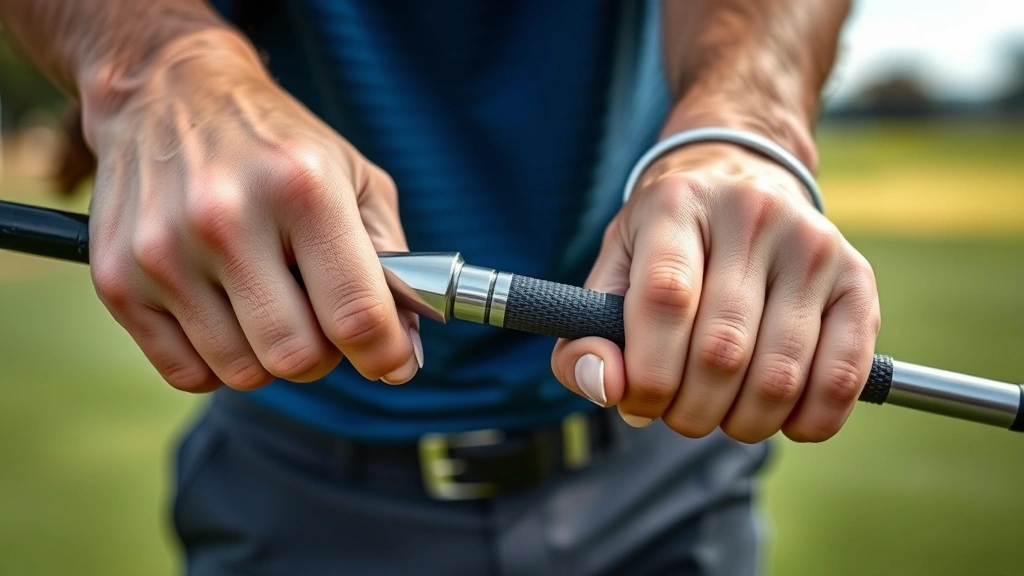Close-up of golfer's hands demonstrating proper grip position on golf club, showing finger placement and hand alignment, outdoor course setting with natural lighting