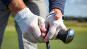 Professional golfer demonstrating proper grip on club with hands clearly positioned, close-up view showing finger placement and hand alignment, outdoor golf course background
