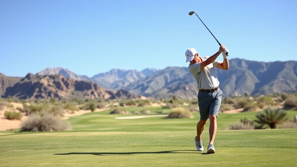 Golfer mid-swing at desert golf course with mountains in background, demonstrating proper posture and body rotation, clear blue sky, sandy terrain visible