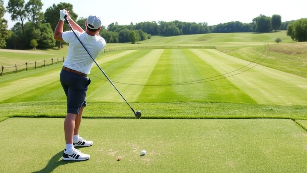Golfer in proper athletic stance position at address, showing correct posture with knee flex, spine angle, and shoulder alignment on driving range with green grass
