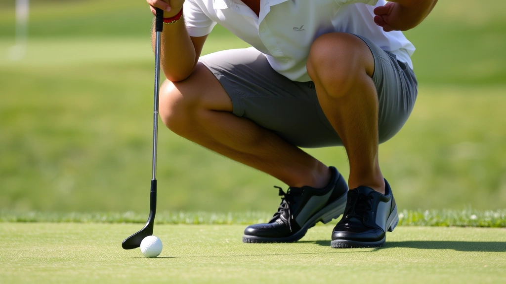 Golfer crouching to read green and assess putt, studying ground slope and grain, focused expression, green grass and pin visible in background