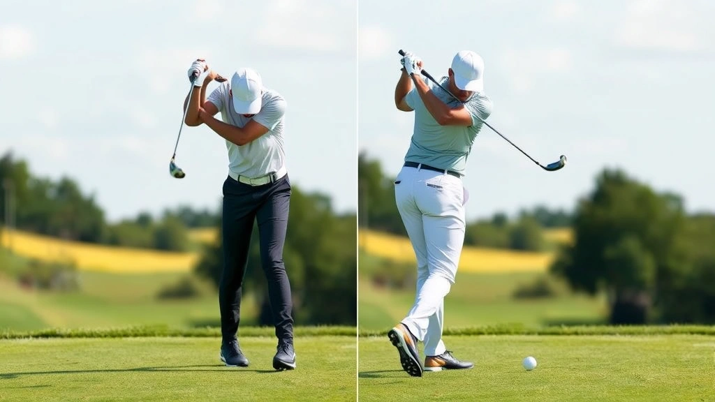 Golfer at impact position during swing, showing weight transfer to front leg, hip rotation, and extended arms through impact zone on professional golf course