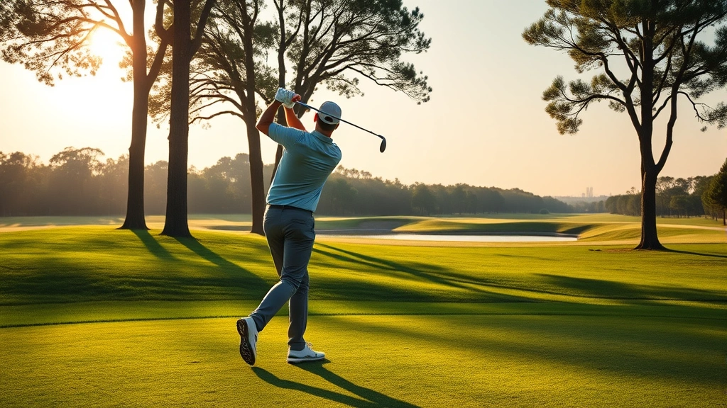 Professional golfer mid-swing on lush green fairway with trees and water hazard in background, morning sunlight, photorealistic