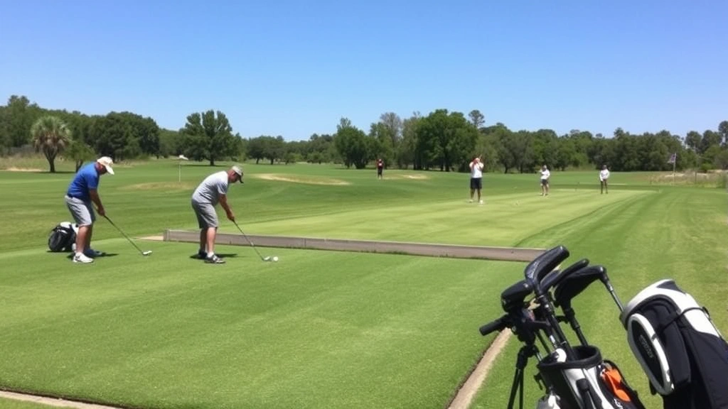 Golf practice range with multiple golfers hitting balls toward distant targets, well-maintained turf, natural landscape, sunny day