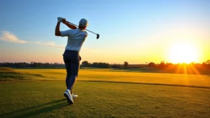 Professional golfer executing perfect swing follow-through at sunrise on manicured golf course fairway with pristine grass and blue sky
