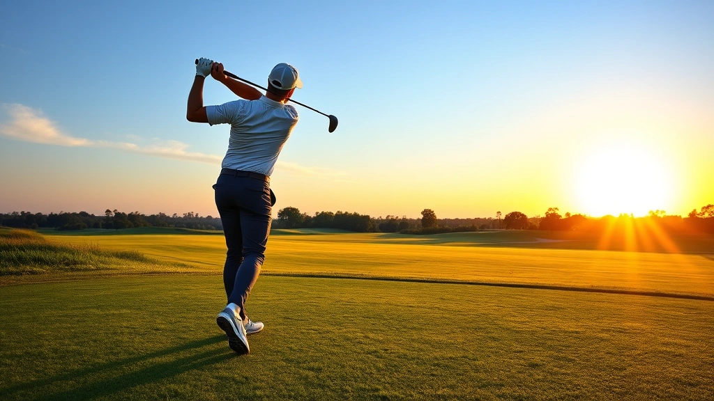 Professional golfer executing perfect swing follow-through at sunrise on manicured golf course fairway with pristine grass and blue sky