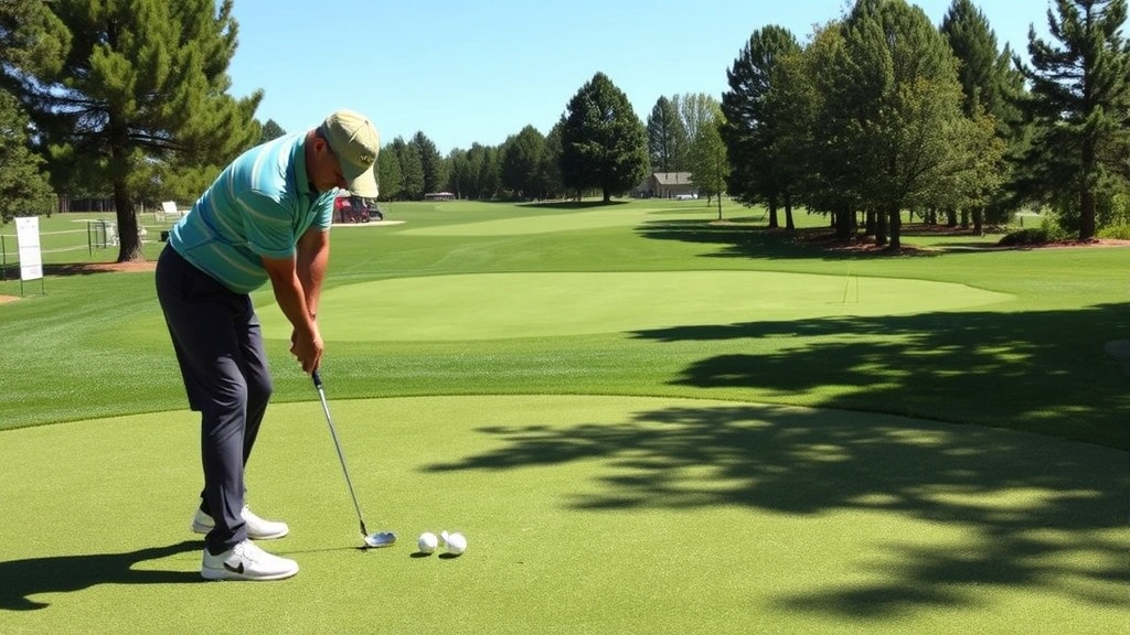 Golfer practicing short game shots on practice green with multiple balls, focused concentration, natural daylight on well-maintained practice facility