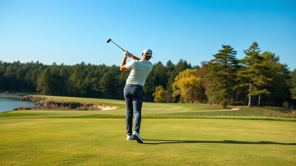 Professional golfer mid-swing on a well-maintained fairway with Minnesota landscape in background, clear blue sky, lush green grass