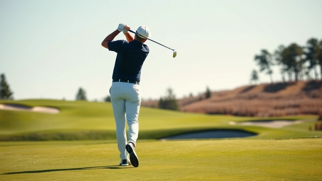 Professional golfer mid-swing on manicured fairway with bunkers and trees in background, clear sunny day, championship course setting