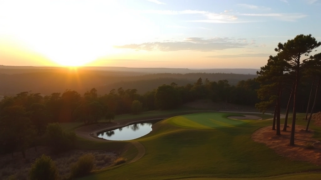 Elevated view of a scenic par-3 hole at sunset with water hazard reflecting golden light, surrounded by trees and natural terrain