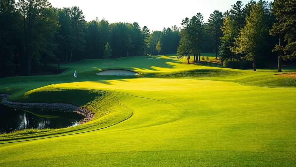 Beautiful golf course landscape showing pristine green with water hazard, surrounding trees, natural Minnesota scenery, peaceful morning light