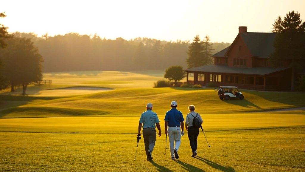 Golfers walking toward clubhouse across manicured grounds with practice range visible, professional course maintenance equipment in distance, golden hour lighting