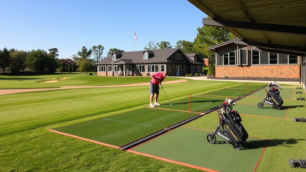 Golf club practice facility with driving range, golfers hitting balls, modern clubhouse building visible, well-maintained grounds and landscaping