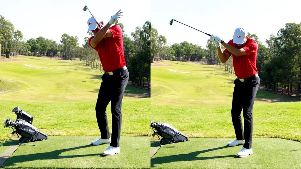 Professional golfer demonstrating proper swing mechanics from address through follow-through position on practice range with natural lighting