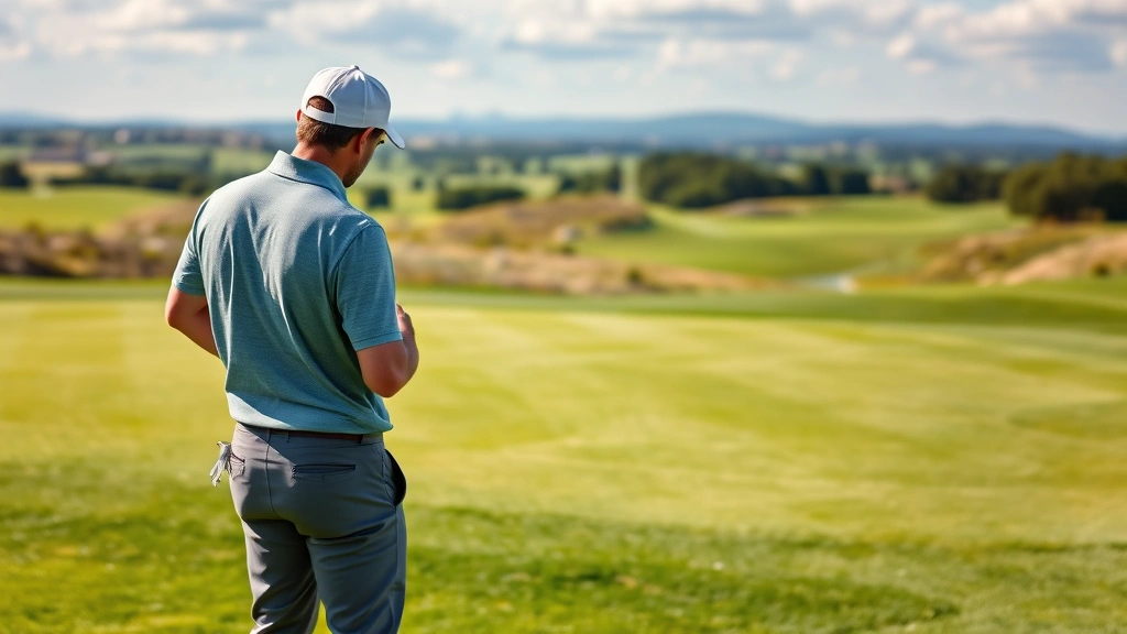 Golfer studying green contours and planning shot strategy while standing on fairway with course landscape visible in background
