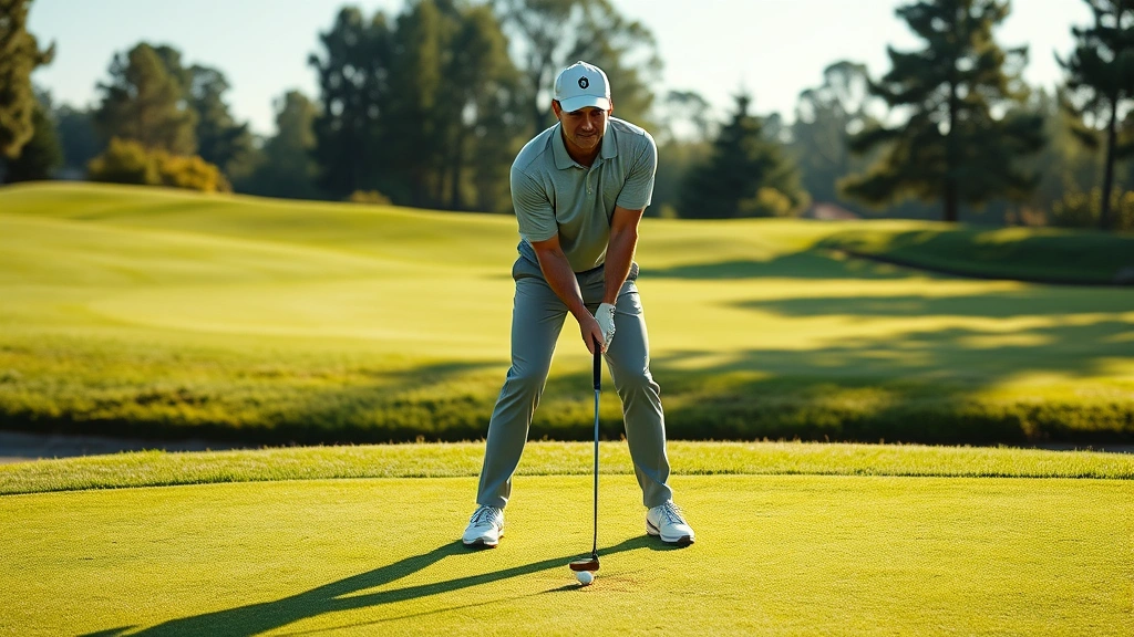 Golfer at address position on lush fairway with perfect posture and alignment, morning sunlight casting shadows, manicured grass and trees in background, focused expression
