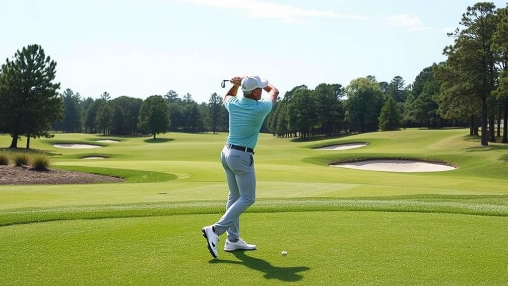 Golfer executing downswing with visible power transfer, athletic form mid-motion, professional golf course setting with well-maintained fairways and bunkers visible