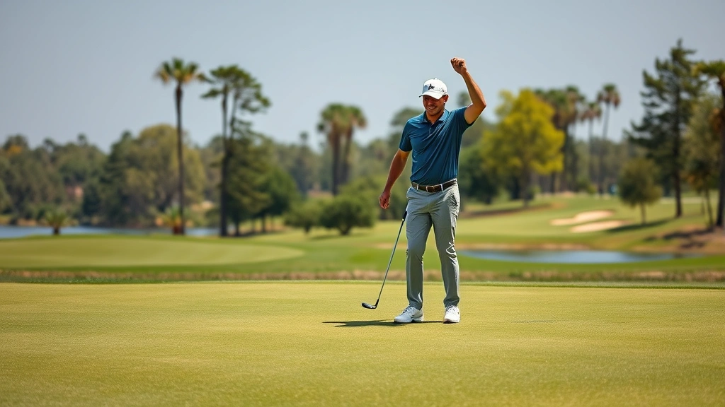 Golfer celebrating successful putt on pristine green, confident body language, beautiful course landscape with trees and water features, natural daylight