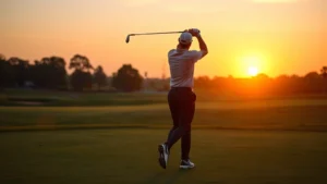 Professional golfer mid-swing at sunset on manicured fairway, demonstrating proper posture and form with natural lighting highlighting athletic movement