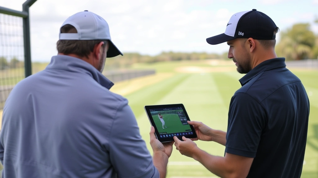 Golf instructor providing personalized feedback to student using tablet with swing analysis, both focused on learning moment in outdoor range setting