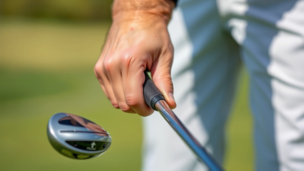 Close-up of golfer's grip on club showing proper hand positioning and alignment, with blurred fairway background and professional demonstration clarity