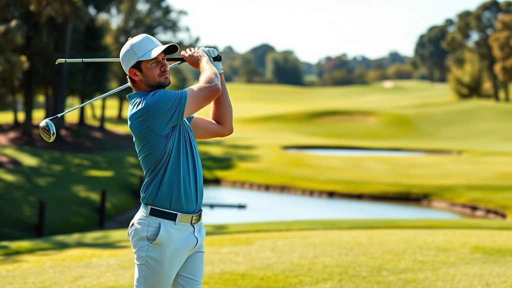 Professional golfer in full swing at upscale golf course, morning sunlight, lush green fairway with water hazard visible in background, concentrated facial expression, proper form demonstration