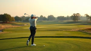Golfer analyzing fairway from tee box during morning round, studying wind patterns and hazard placement with focused concentration