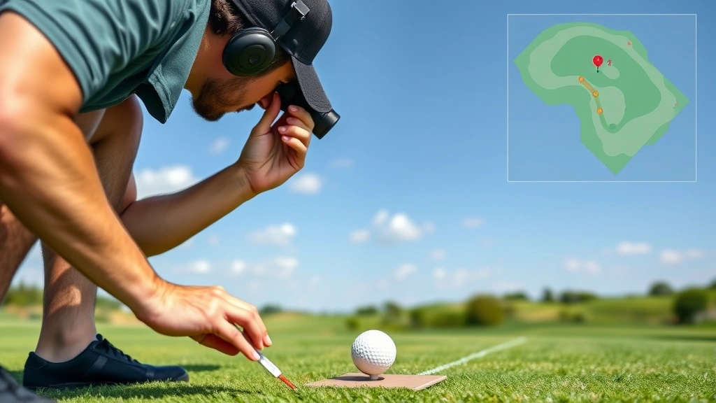 Golfer addressing ball on tee box with strategic course layout visible, measuring distances with rangefinder, analyzing wind conditions, focused preparation before shot