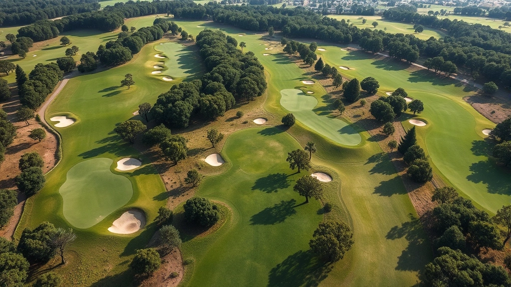 Aerial view of championship golf course with multiple holes, strategic hazard placement, mature trees lining fairways, pristine greens with sand bunkers, dramatic landscape design