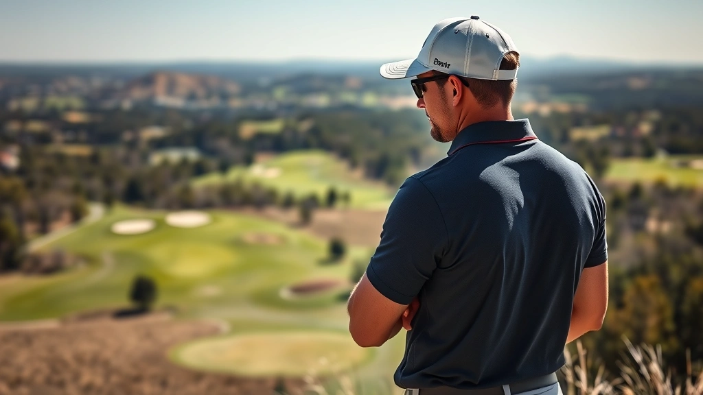 Professional golfer analyzing course layout from elevated viewpoint, studying fairway contours and hazard placement with focused concentration, natural sunlight illuminating golf course terrain