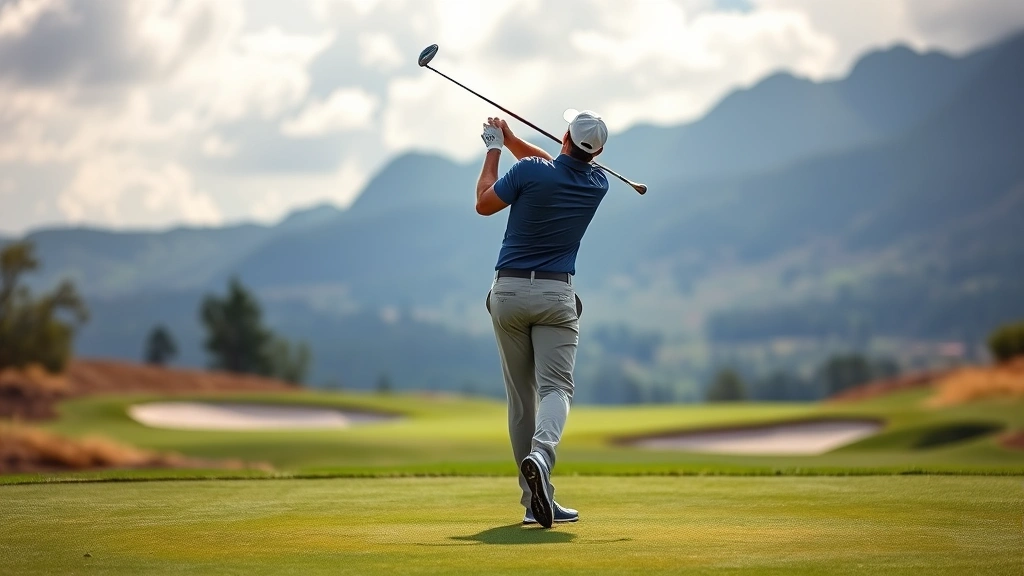 Golfer executing tee shot with perfect form and alignment, ball in flight over manicured fairway with strategic bunkering visible, dramatic course landscape in background