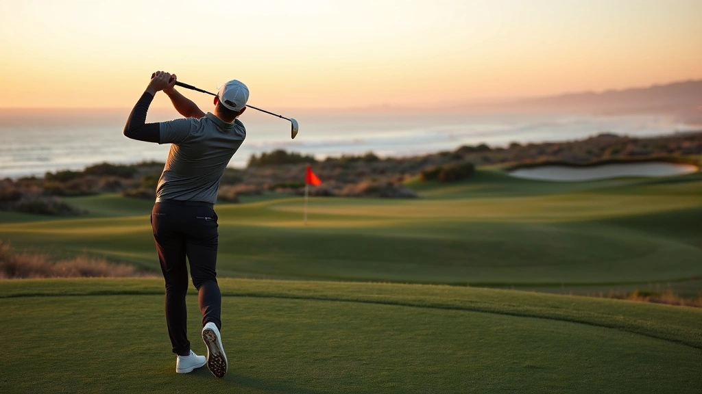 Professional golfer mid-swing on a coastal California golf course with ocean views, firm fairways, and strategic bunkering visible in background, golden hour lighting