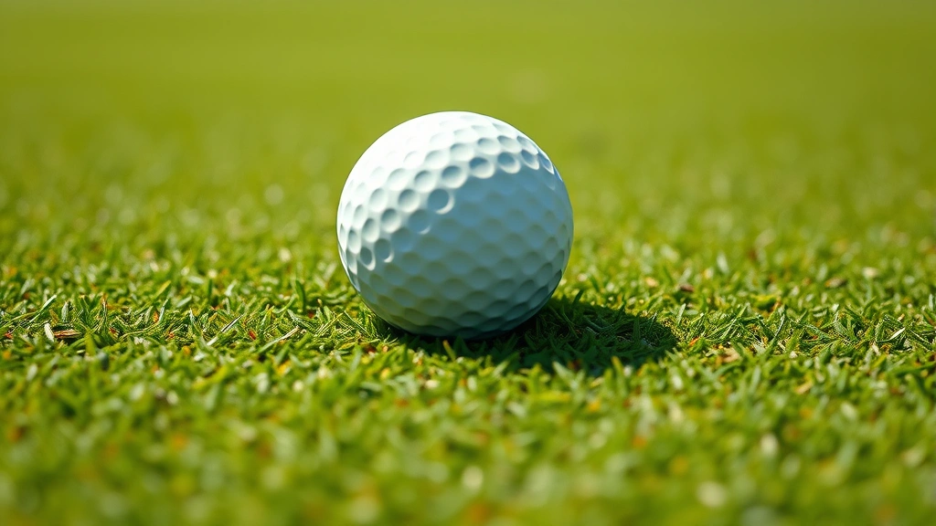 Close-up of a golf ball on a lightning-fast green with subtle slope variations and undulation visible, professional course conditioning, natural daylight