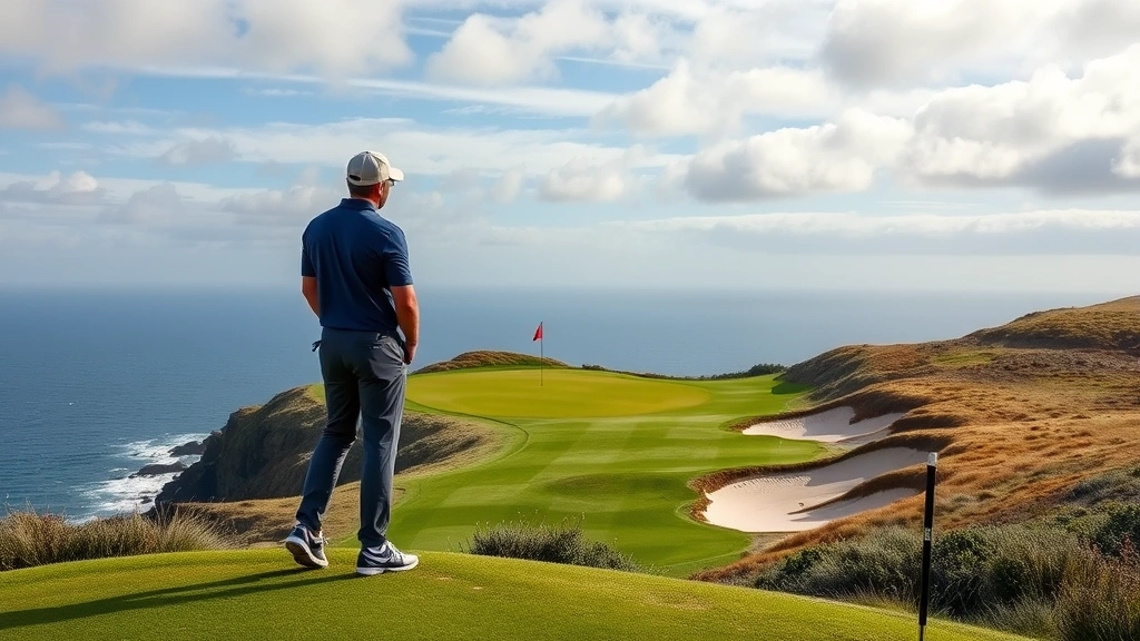 Golfer standing on elevated tee box overlooking a dramatic par 4 hole with strategic bunkering, coastal landscape, wind indicators visible in flag movement