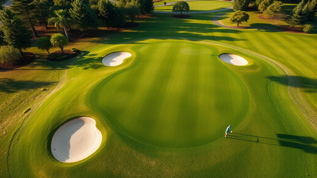 Aerial view of a pristine golf course fairway with manicured green grass, sand bunkers, and natural landscaping, professional sports facility management