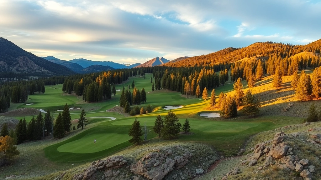 Aerial view of a championship golf course in Colorado mountains with manicured fairways, bunkers, and greens surrounded by pine trees and rocky terrain during golden hour sunlight