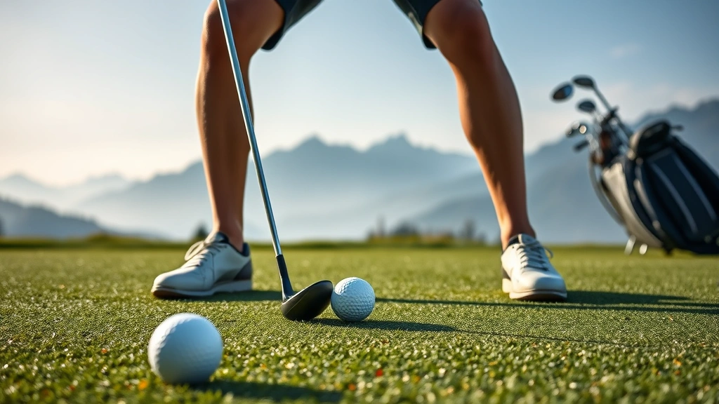 Close-up of a golfer in proper stance on a practice range with golf balls and clubs visible, mountains in misty background, professional setting with clear sky