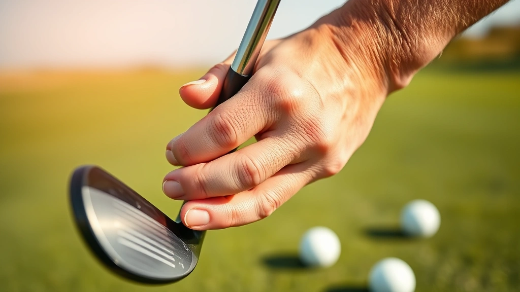 Close-up of golfer's hands demonstrating proper grip on golf club, fingers interlocked, during daylight on practice range with blurred golf balls nearby
