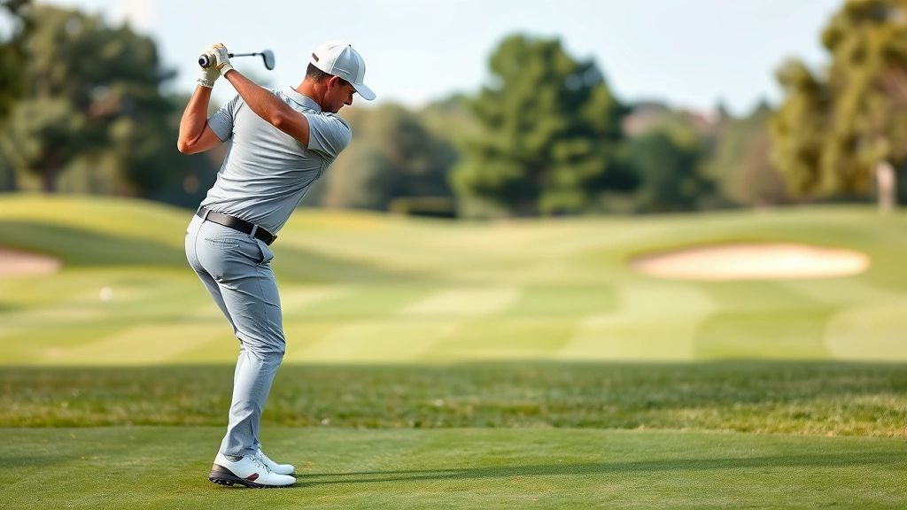 Golfer mid-swing showing proper posture and weight transfer, viewed from side angle, with manicured fairway and trees in soft focus background