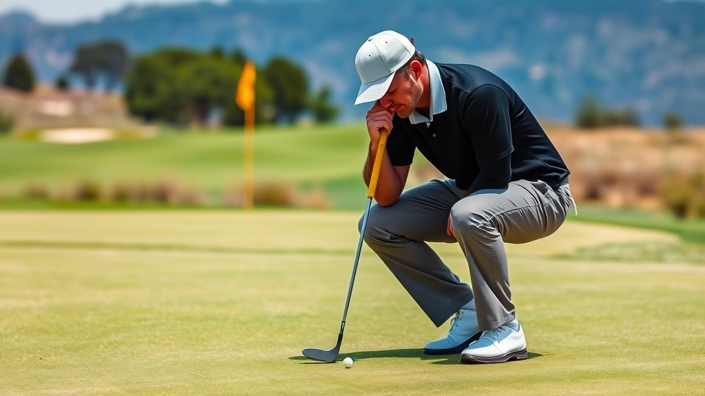 Golfer on putting green concentrating on short putt, showing proper stance and putter position, with flagstick visible in hole and course landscape behind