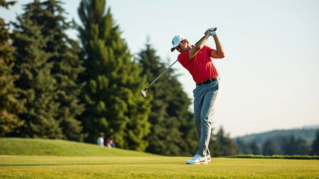 Professional golfer executing a precise iron shot on a lush fairway with evergreen trees in background, demonstrating proper form and technique during daylight hours