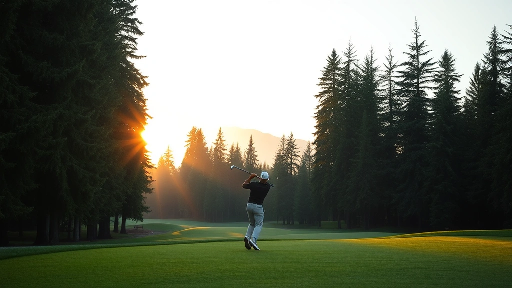 Golfer standing on lush green fairway surrounded by tall evergreen trees in Pacific Northwest landscape during golden hour sunlight, professional golfer in focus with natural course scenery