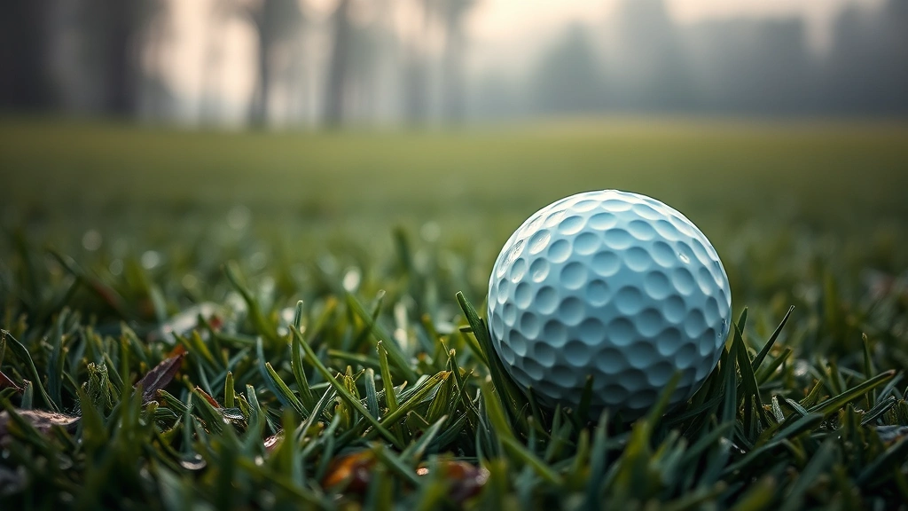 Close-up of golf ball sitting on wet grass with water droplets visible, morning dew on fairway with blurred trees in background, realistic detailed photography of course conditions